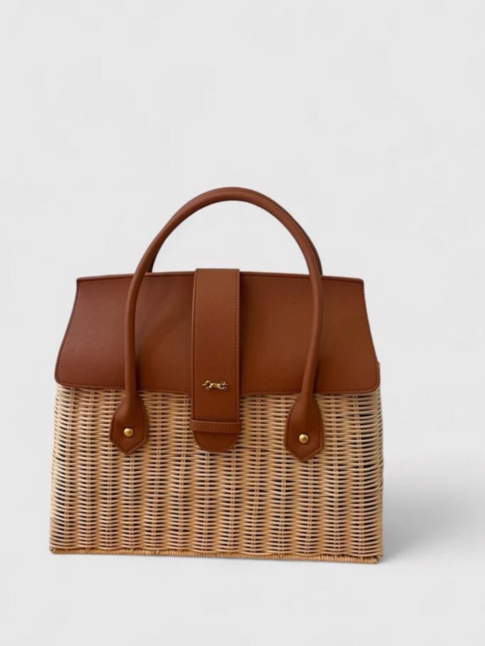 Woven Tote with Brown Leather Top and Handles